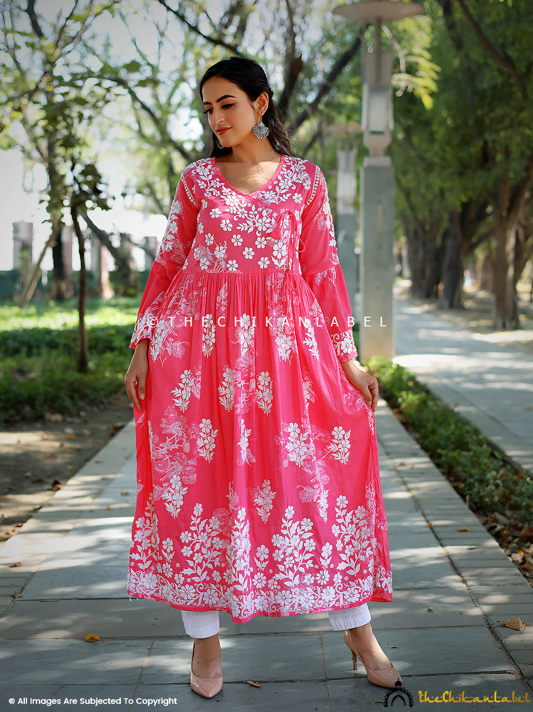 Printed Pure Cotton Angrakha Style Kurti Set in Beige and Pink : TJA2479